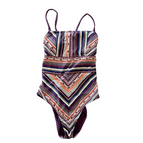 Mossimo Tribal Burgundy One Piece Swimsuit Lace Up Back Size Large - Picture 1 of 5